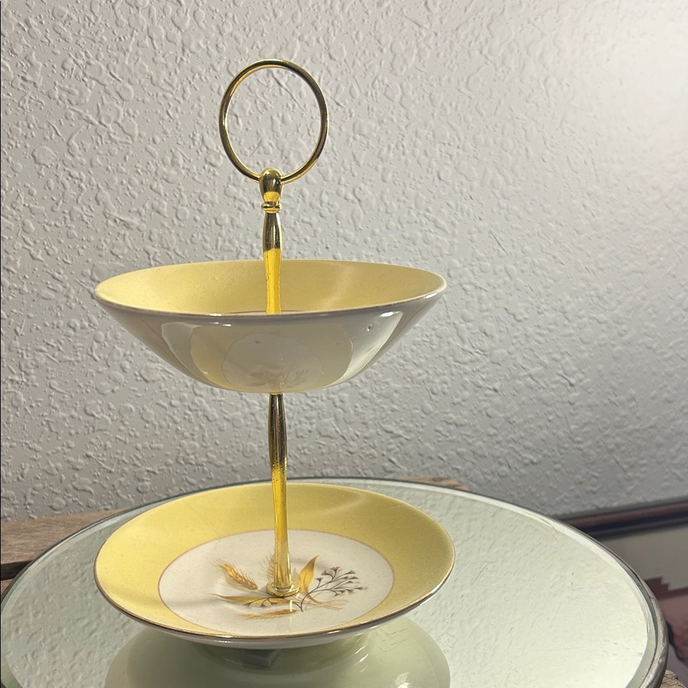 Cottage Core yellow 2 tiered tidbit tray perfect for Garden Parties Minamalist